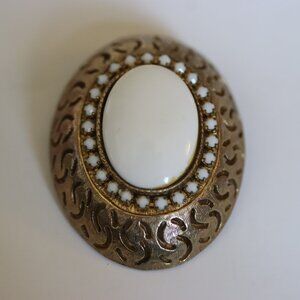 Vintage Signed HAR Oval White Cabochon and Rhinestones Brooch Pin